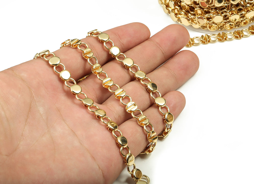 Gold Round Disc Chain - 18 Real Gold Textured Round Soldered Chain - For Necklace Bracelet 0.67&quot; x 0.28&quot; x 0.12&quot; RGP3662 - DOMEDBAZAAR