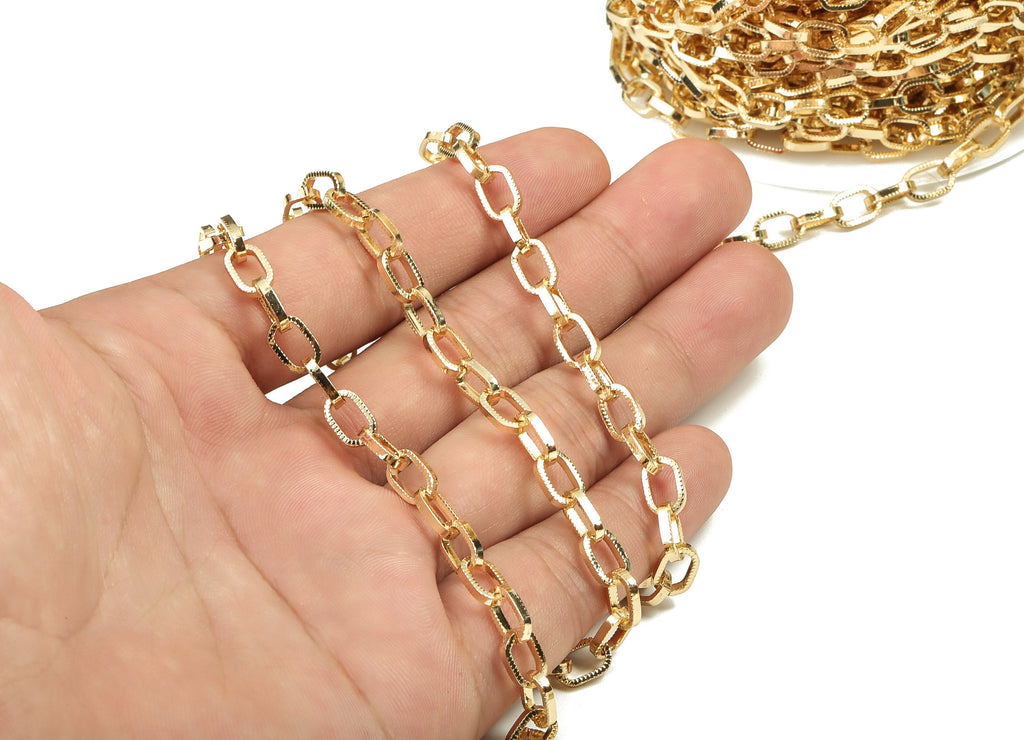 Brass Oval Rectangle Paper Clip Layering Chain - 18 Real Gold Textured Oval Rolo Chain - Openlink Cable Chain 0.34&quot; x 0.22&quot; x 0.06&quot; RGP3665 - DOMEDBAZAAR
