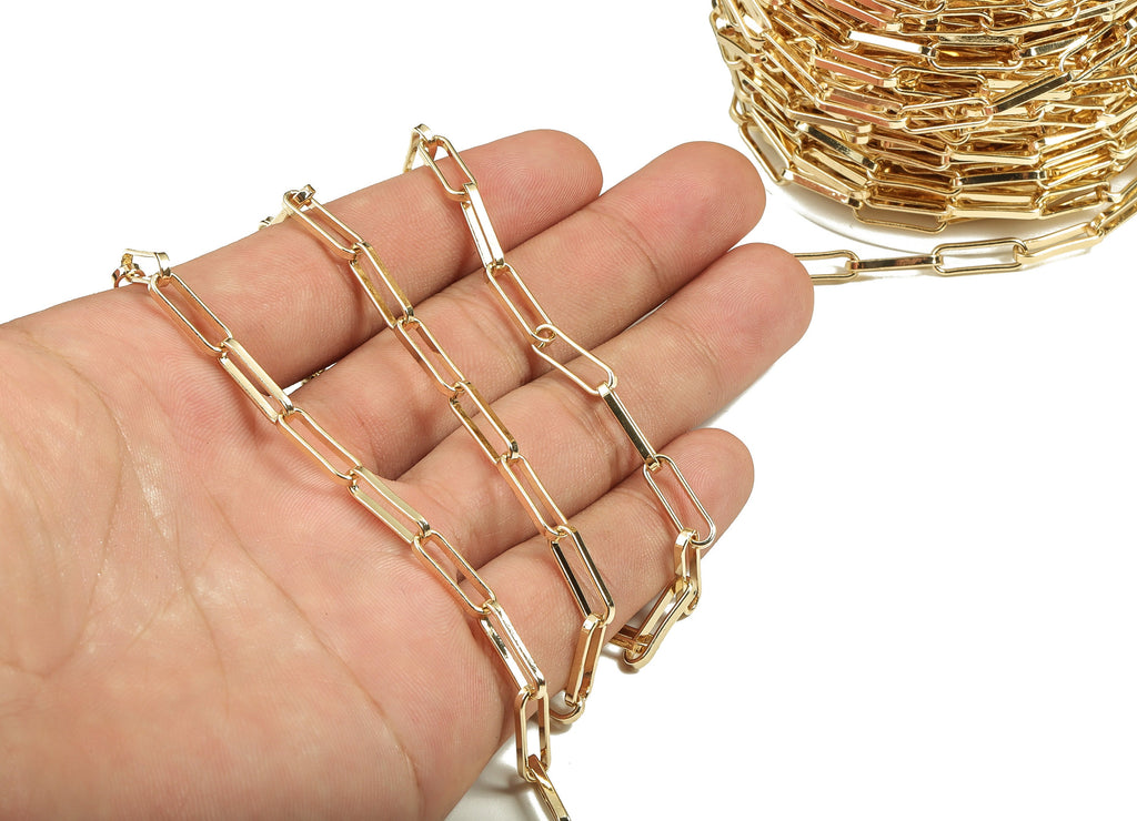 Brass Oval Rectangle Paper Clip Layering Chain - 18K Real Gold Oval Rolo Chain - Soldered Flat Cable Chain 0.56&quot; x 0.19&quot; x 0.06&quot; RGP3692 - DOMEDBAZAAR