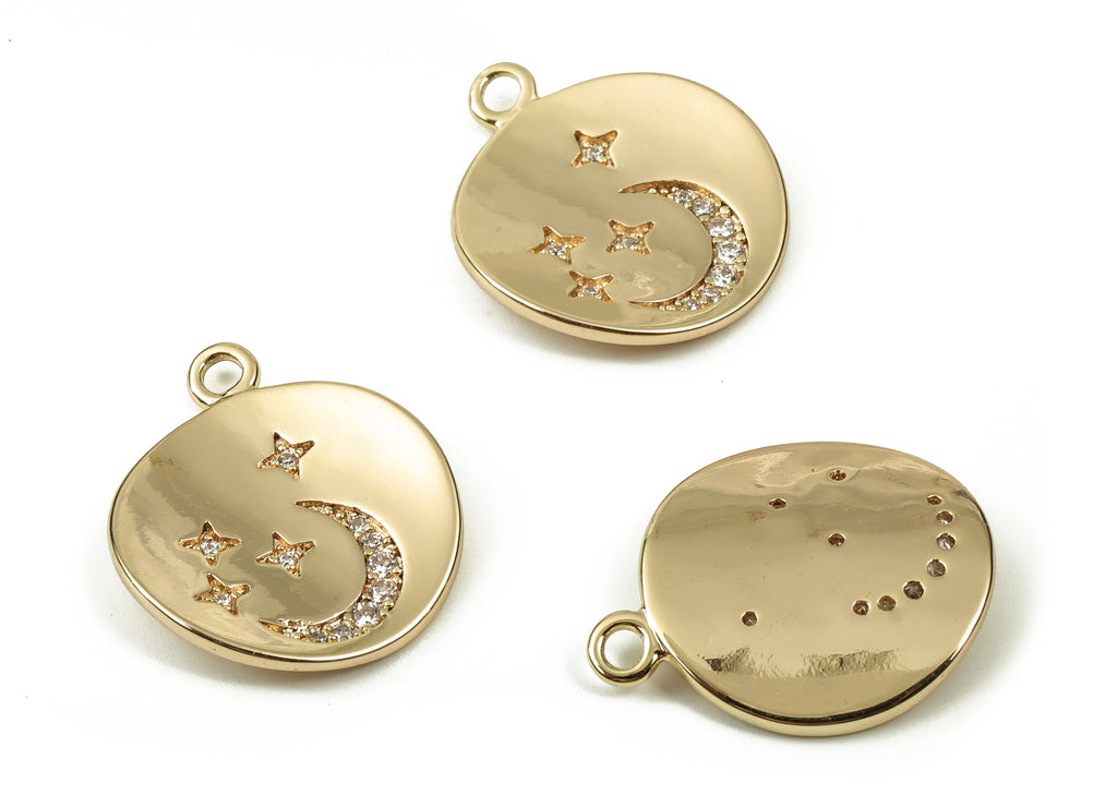 Brass Round Earring Charms With Zircons - Gold Moon Star Pendant - 18K Real Gold Plated Brass - Jewelry Supplies - 20.78x17.1x1mm - RGP3752 - DOMEDBAZAAR
