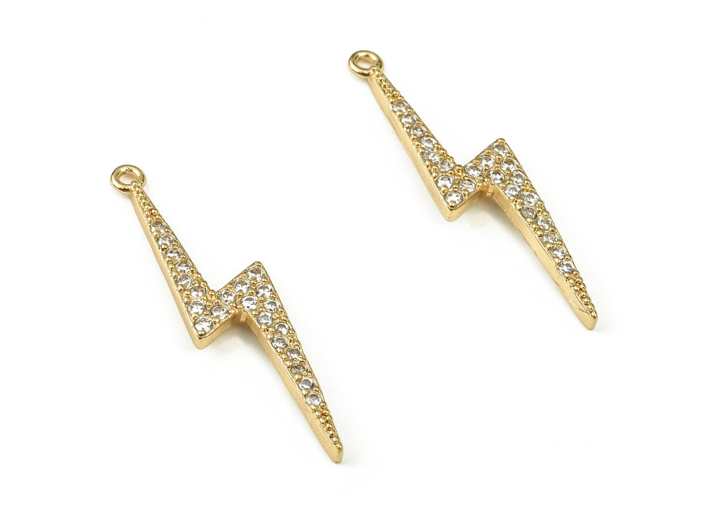 Brass Lightning Earring Charms With Zircons - Gold Lightning Pendant - 18K Real Gold Plated Brass - 27.21x6.44x1.65mm - RGP3783 - DOMEDBAZAAR