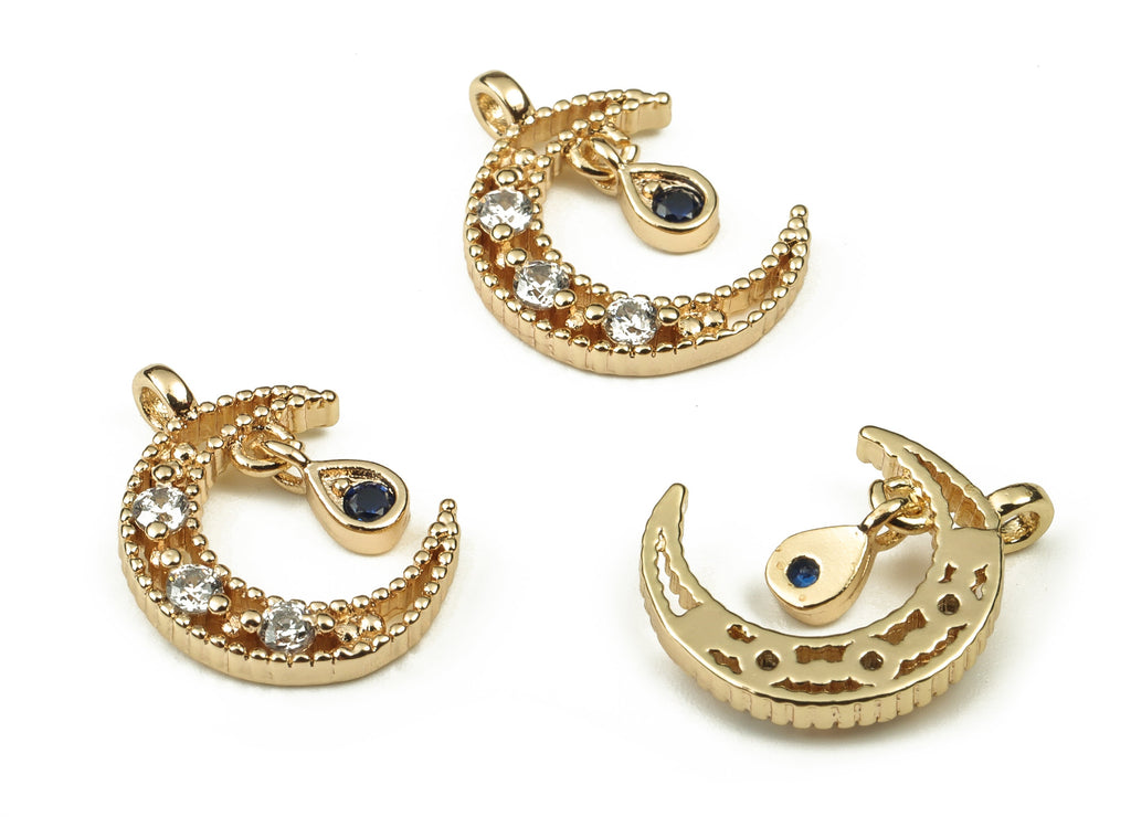 Brass Crescent Earring Charms With Zircons - Gold Moon Pendant - 18K Real Gold Plated Brass - Jewelry Supplies - 14.79x11.08x2.2mm - RGP3744 - DOMEDBAZAAR