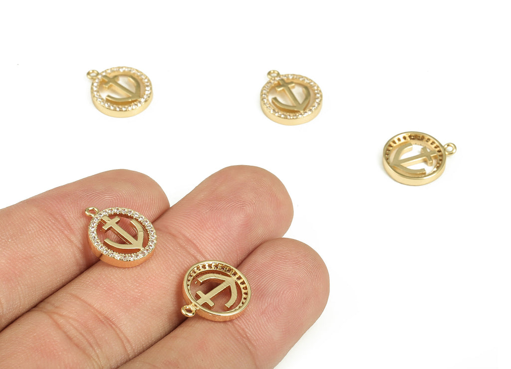 Brass Round Earring Charms With Zircons - Gold Symbol Pendant - 18K Real Gold Plated Brass - Jewelry Supplies - 13.83x11.65x2.18mm - RGP3684 - DOMEDBAZAAR