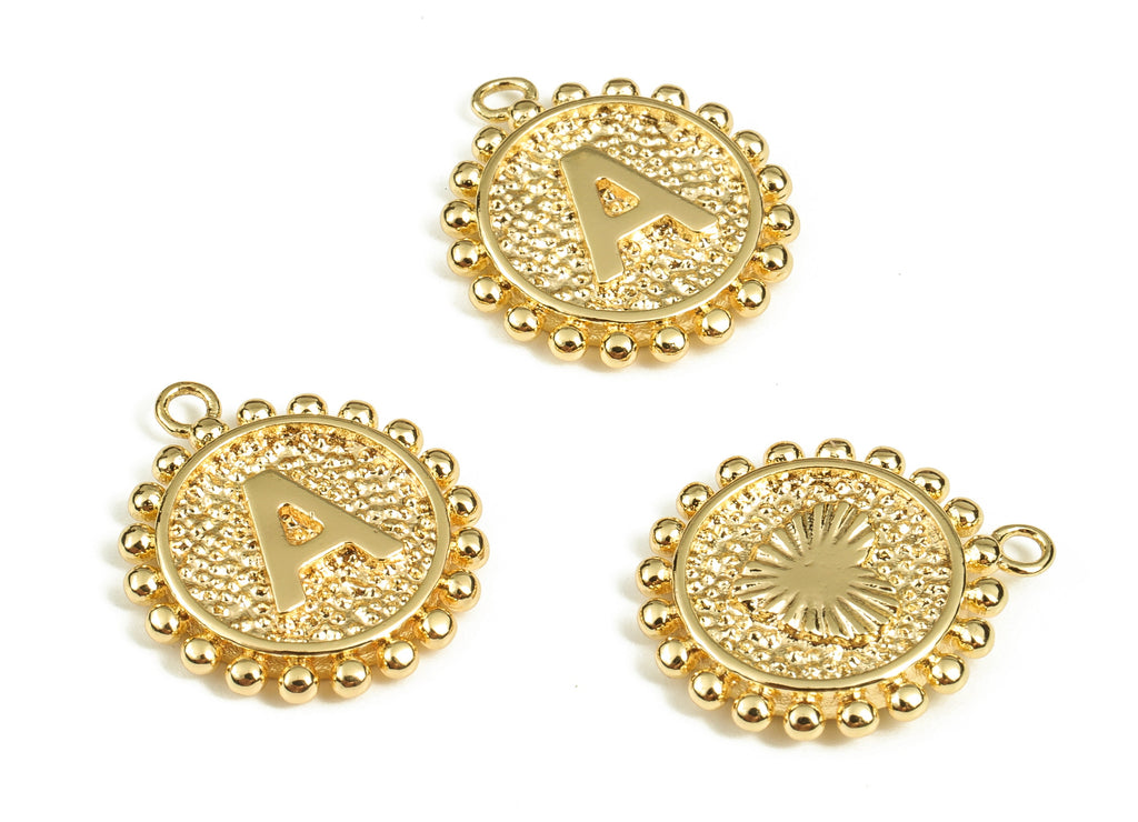 Brass Round Letter A Charms – Initial A Gold Round Pendant – 18K Real Gold Plated Brass – Jewelry Supplies - 14.72x11.88x1.39mm - RGP3774A - DOMEDBAZAAR