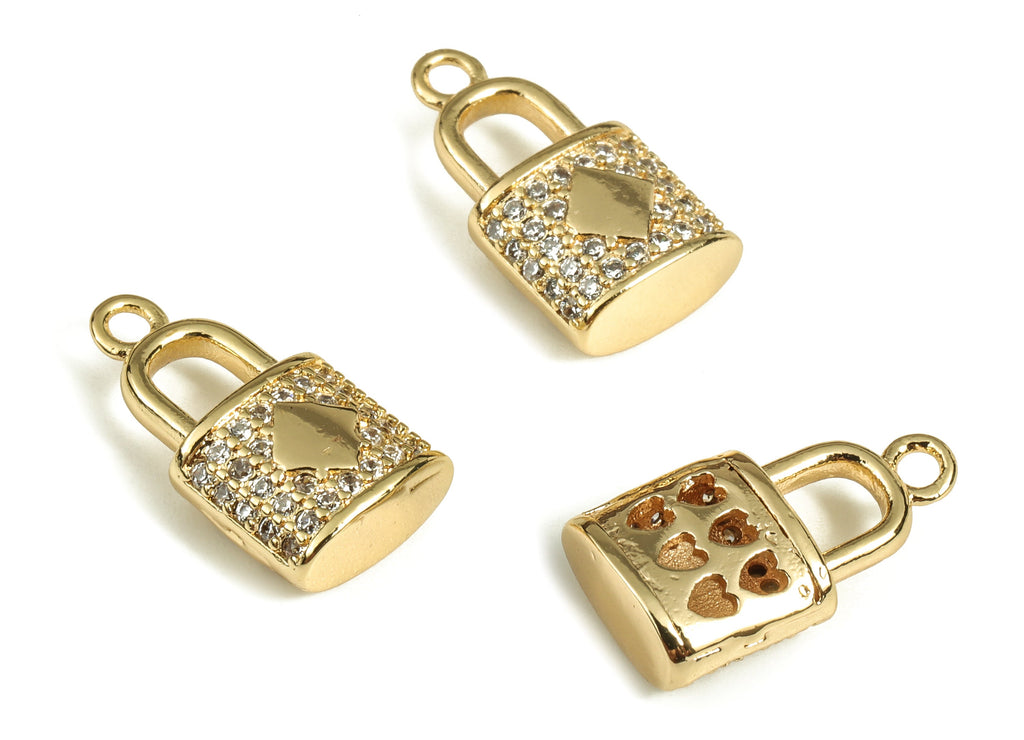Brass Lock Earring Charms With Zircons - Gold Lock Shape Pendant - 18K Real Gold Plated Brass - Jewelry Supplies - 13.7x7.3x4mm - RGP3669 - DOMEDBAZAAR