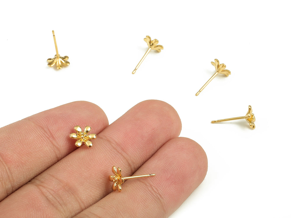 Brass Flower Earring Post - Gold Flower Earring Stud - 18K Real Gold Plated Brass - Stainless Steel Stud - 7.91x7.91x1.35mm - RGP3805 - DOMEDBAZAAR