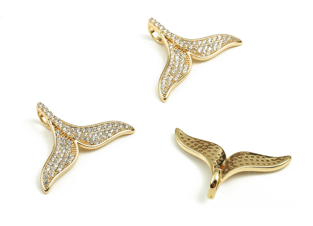Brass Fish Tail Earring Charms With Zircons - Gold Fish Tail Pendant - 18K Real Gold Plated Brass - 19.54x29.11x3.26mm - RGP3886 - DOMEDBAZAAR
