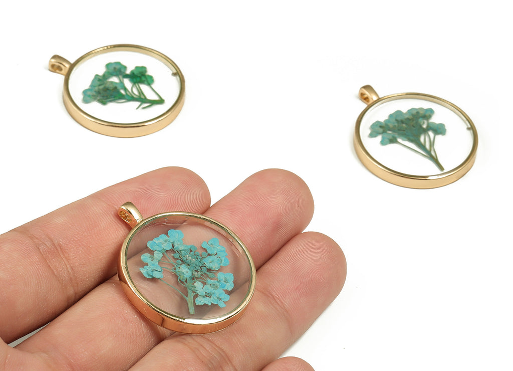 Epoxy Resin Round Real Flower Earring Charms - Epoxy Resin Sweet Alyssum Pendant - Gold Tone Plated Alloy - 34.96x28.98x4.16mm - ZZ1897 - DOMEDBAZAAR
