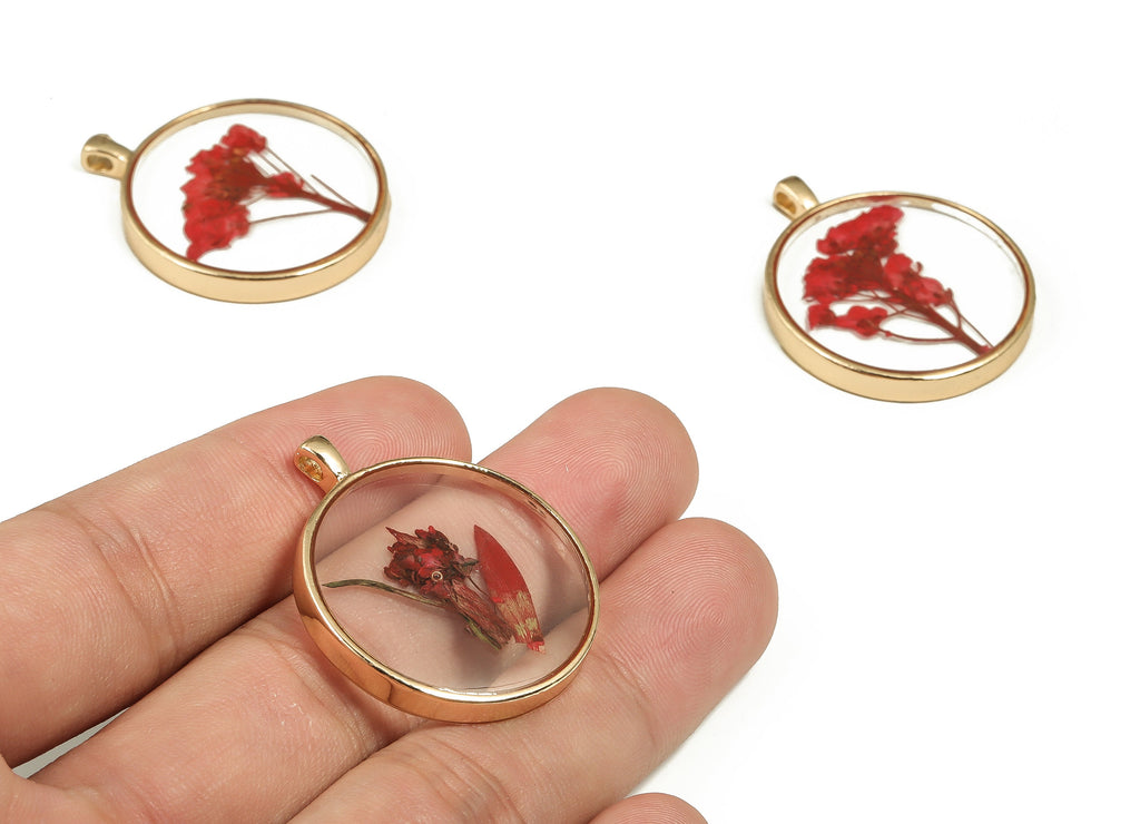 Epoxy Resin Round Real Flower Earring Charms - Epoxy Resin Sweet Alyssum Pendant - Gold Tone Plated Alloy - 34.89x28.97x4.19mm - ZZ1900 - DOMEDBAZAAR