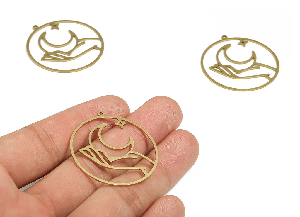 Brass Round Hand Earring Charms - Raw Brass Star Moon Pendant - Earrings Finding - Jewelry Making Supplies - 37.02x34.79x0.71mm - PP4699 - DOMEDBAZAAR