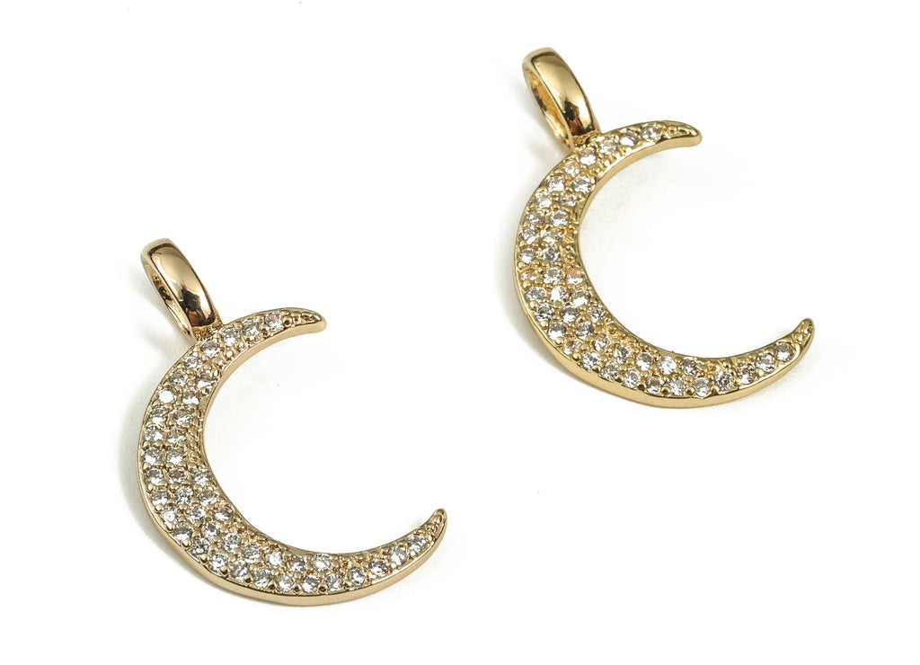 Brass Crescent Earring Charms With Zircons - Gold Moon Pendant - 18K Real Gold Plated Brass - Jewelry Supplies - 21.75x12.57x1.6mm - RGP3627 - DOMEDBAZAAR