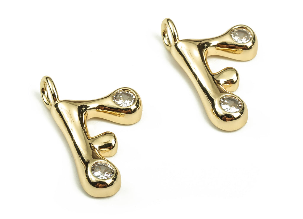 Brass Alphabet F Earring Charms with Zircons - F Initial Charm -The Letter F Pendant - 18K Gold Plated Brass - 24.98x15.15x3.49mm - RGP3668F - DOMEDBAZAAR