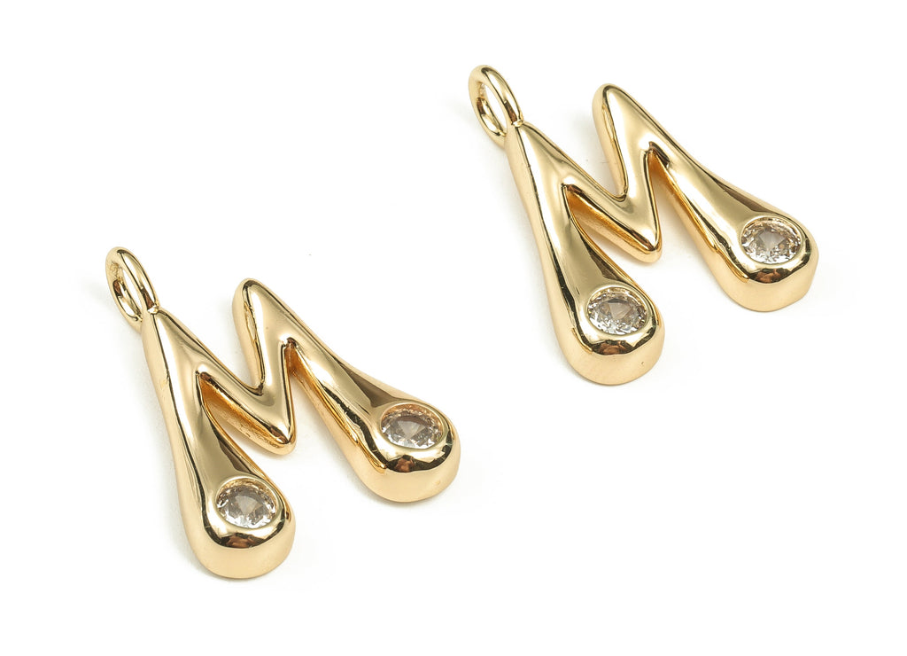 Brass Alphabet M Earring Charms with Zircons - M Initial Charm -The Letter M Pendant - 18K Gold Plated Brass - 23.98x18.90x4.17mm - RGP3668M - DOMEDBAZAAR