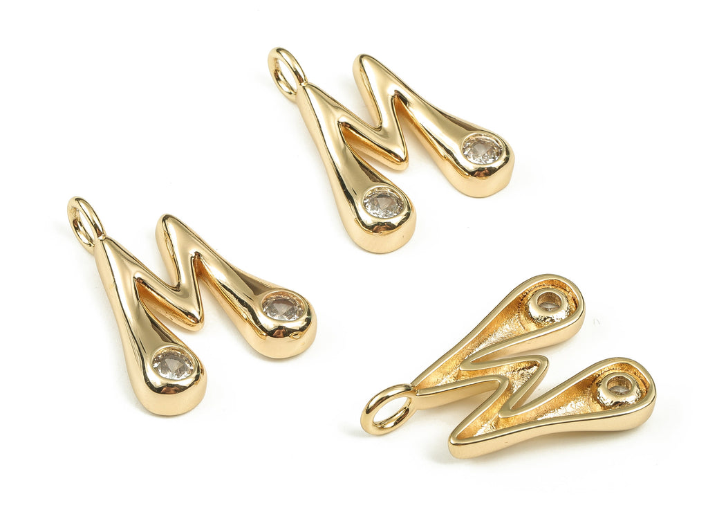 Brass Alphabet M Earring Charms with Zircons - M Initial Charm -The Letter M Pendant - 18K Gold Plated Brass - 23.98x18.90x4.17mm - RGP3668M - DOMEDBAZAAR