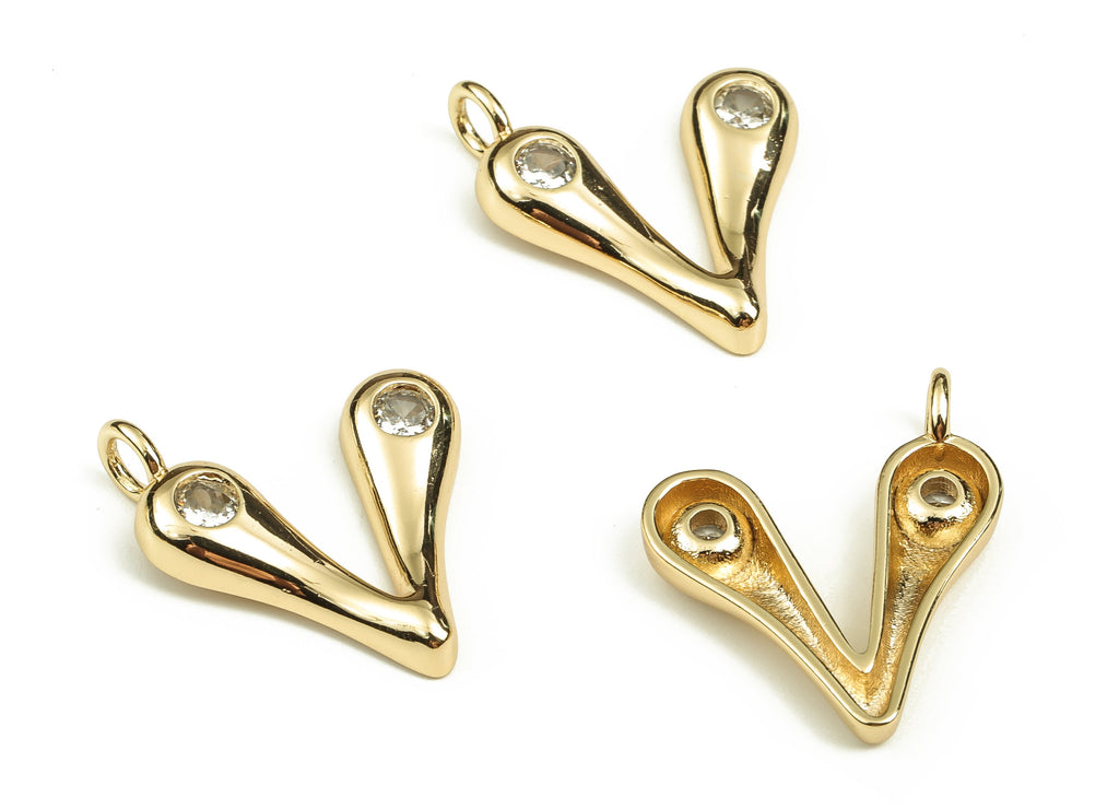 Brass Alphabet V Earring Charms with Zircons - V Initial Charm -The Letter V Pendant - 18K Gold Plated Brass - 25.97x21.55x3.65mm - RGP3668V - DOMEDBAZAAR