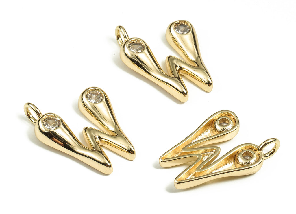 Brass Alphabet Letter Earring Charms - Zircons Gold The letter W Pendant - 18K Real Gold Plated Brass Charm -24.65x18.86x4.12mm- RGP3668W - DOMEDBAZAAR