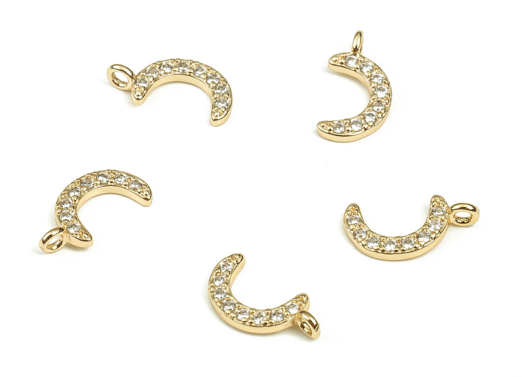 Brass Crescent Earring Charms With Zircons - Gold Moon Pendant - 18K Real Gold Plated Brass - Jewelry Supplies - 11.74x6.25x1.42mm - RGP3730 - DOMEDBAZAAR