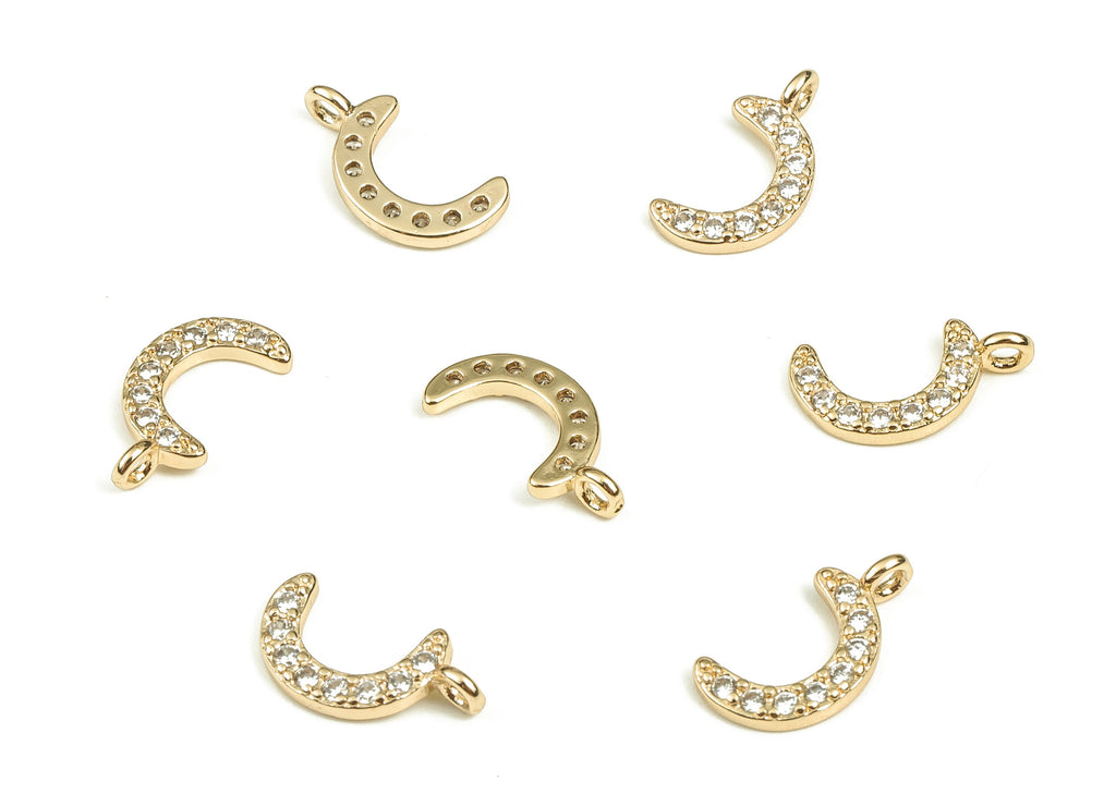 Brass Crescent Earring Charms With Zircons - Gold Moon Pendant - 18K Real Gold Plated Brass - Jewelry Supplies - 11.74x6.25x1.42mm - RGP3730 - DOMEDBAZAAR