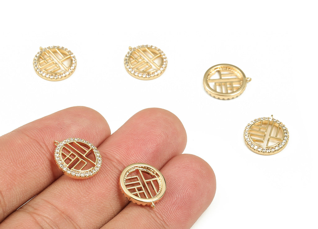 Brass Round Earring Charms With Zircons - Gold Hollow out Pendant - 18K Real Gold Plated Brass - Jewelry Supplies - 14x12.5x2.15mm- RGP3498 - DOMEDBAZAAR