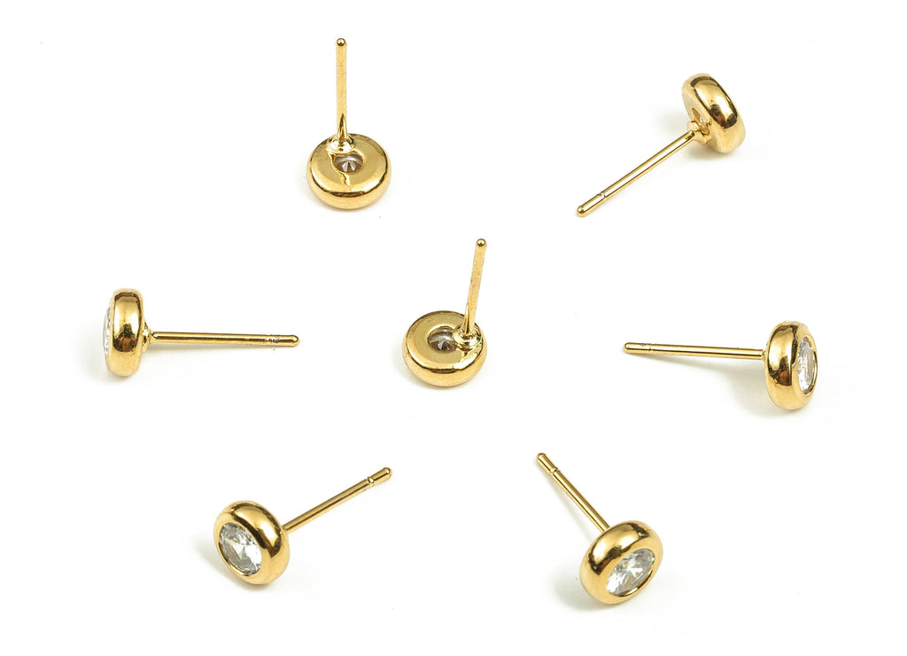 Brass Round Earring Stud With Zircon - Gold Circle Earring Post - Stainless Steel Stud- 18K Gold Plated Brass -6.08x6.08x3.26mm- RGP3706 - DOMEDBAZAAR