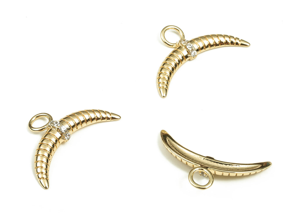 Brass Horn Earring Charms with Zircons - Gold Moon Pendant - 18K Real Gold Plated Brass Charm - Jewelry Supplies -20.36x12.19x2.8mm- RGP3551 - DOMEDBAZAAR