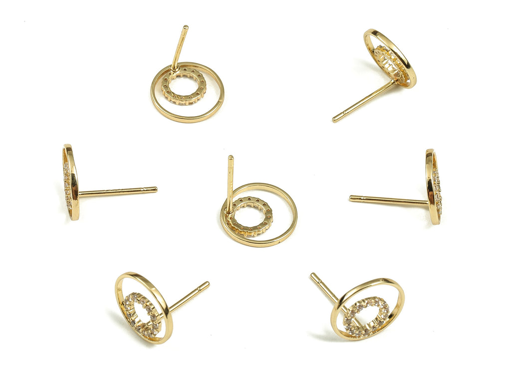 Brass Round Earring Stud With Zircons - Gold Circle Post - Stainless Steel Stud - 18K Real Gold Plated Brass – 10.98x10.77x1.76mm - RGP3703 - DOMEDBAZAAR