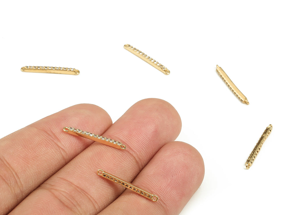 Brass Bar Connector - Brass Bar Connectors with Zircon - 18K Real Gold Plated Brass - Cubic Zircon Stick Charms -18.83x2.06x1.9mm- RGP3484 - DOMEDBAZAAR