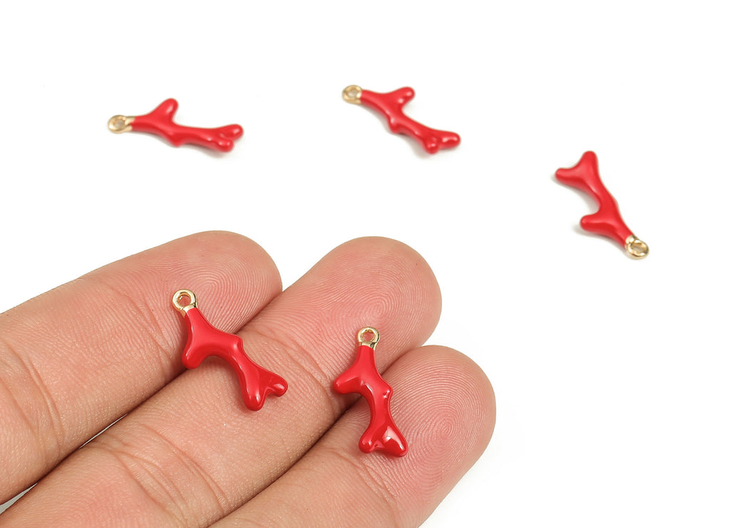 Brass Tree Branch Charms - Red Enamel Tree Branch Charm - 18k Real Gold Plated Brass - Jewelry Making Supplies -18.5x6.3x2.7mm- RGP3487 - DOMEDBAZAAR