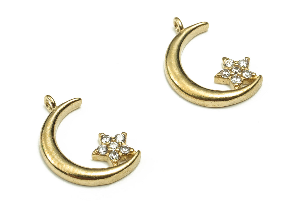 Brass Crescent Earring Charms With Zircons - Raw Brass Moon Star Pendant -  Earring Finding - Jewellery Supplies - 12.8x8.8x1.6mm - PP4447 - DOMEDBAZAAR