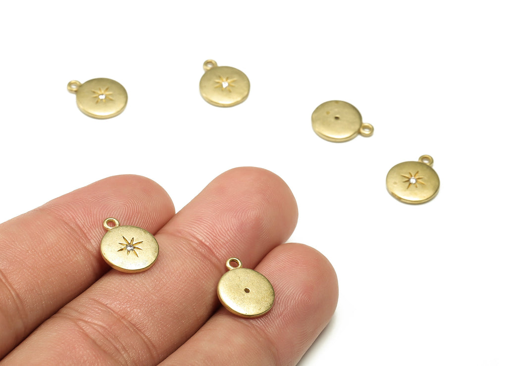 Brass Round Earring Charms With Zircon - Raw Brass Star Pendant - Earring Finding - Jewellery Making Supplies - 12.39x10.1x1.52mm - PP4448 - DOMEDBAZAAR