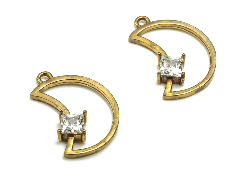 Brass Crescent Earring Charms With Zircon - Raw Brass Moon Pendant - Earrings Finding - Jewelry Making Supplies - 14.65x9.75x2.33mm - PP4643 - DOMEDBAZAAR