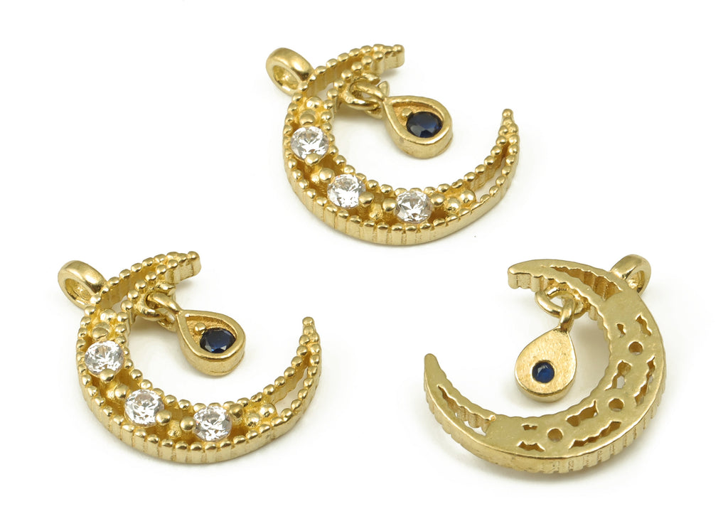 Brass Crescent Earring Charms With Zircons - Raw Brass Moon Pendant -  Earring Finding - Jewellery Supplies - 14.78x11.21x2.2mm - PP4492 - DOMEDBAZAAR