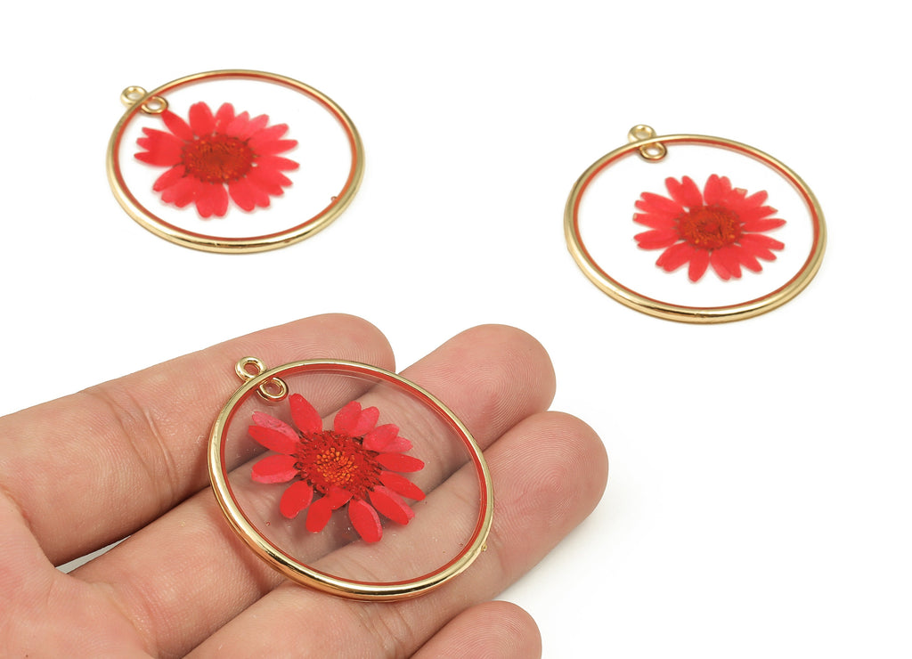 Gold Pressed Flower charms - Dried Flower Jewelry - Real Flower charms - Resin Jewelry - Gold Tone Plated Alloy -43.22x39.83x2.7mm - RC1183 - DOMEDBAZAAR