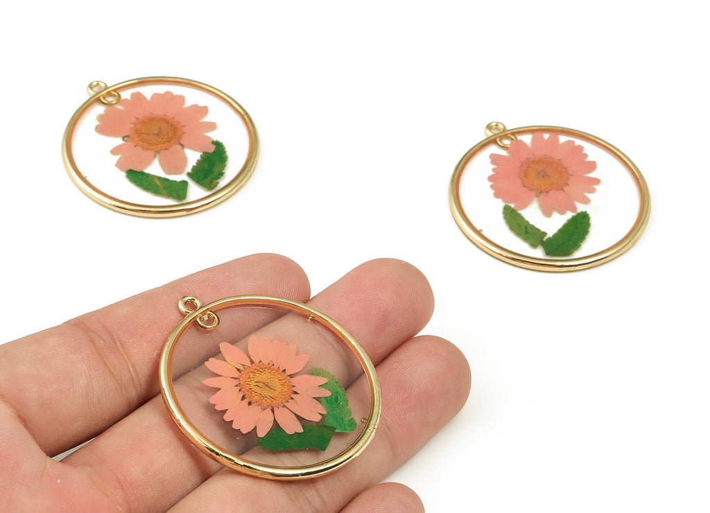 Gold Pressed Flower charms -Dried Flower Jewelry - Real Flower Charms - Resin Jewelry - Gold Tone Plated Alloy -43.34x39.57x2.6mm- RC1180 - DOMEDBAZAAR