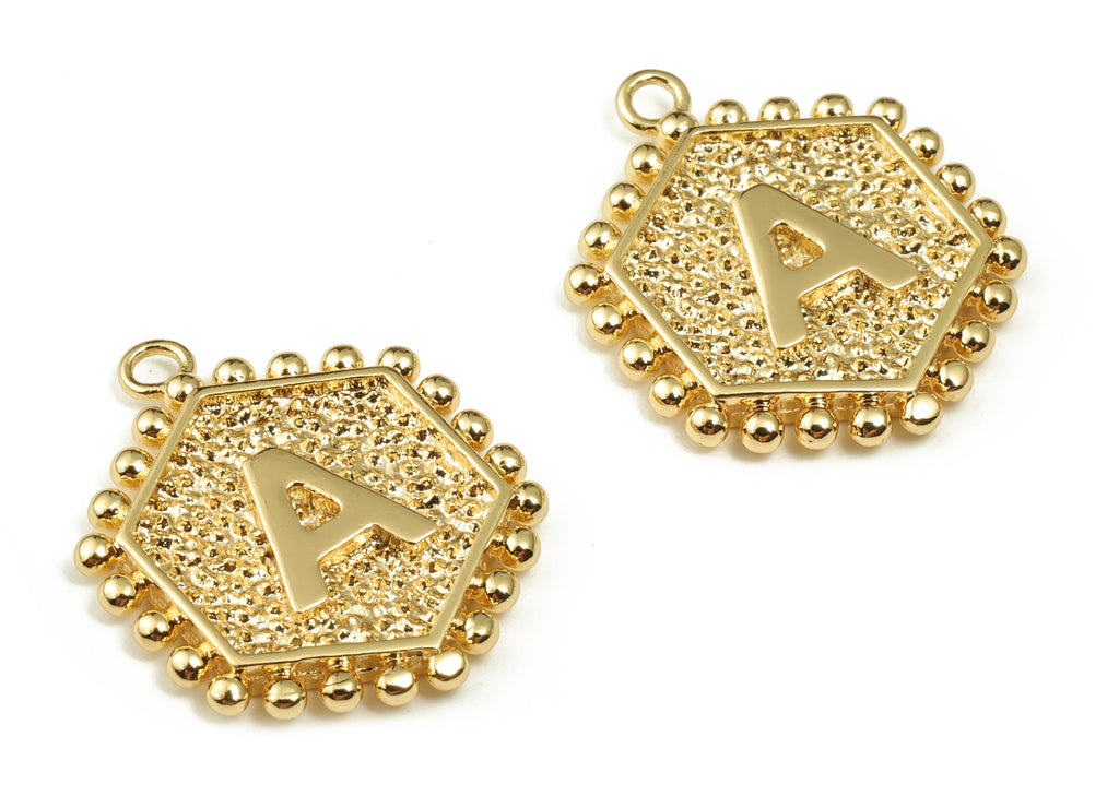 Brass Hexagon Letter A Charms - Alphabet Pendant Charm - 18K Shiny Gold Plated Initial Charm - Jewelry Supplies -19.49x16.1x2.4mm- RGP3775A - DOMEDBAZAAR
