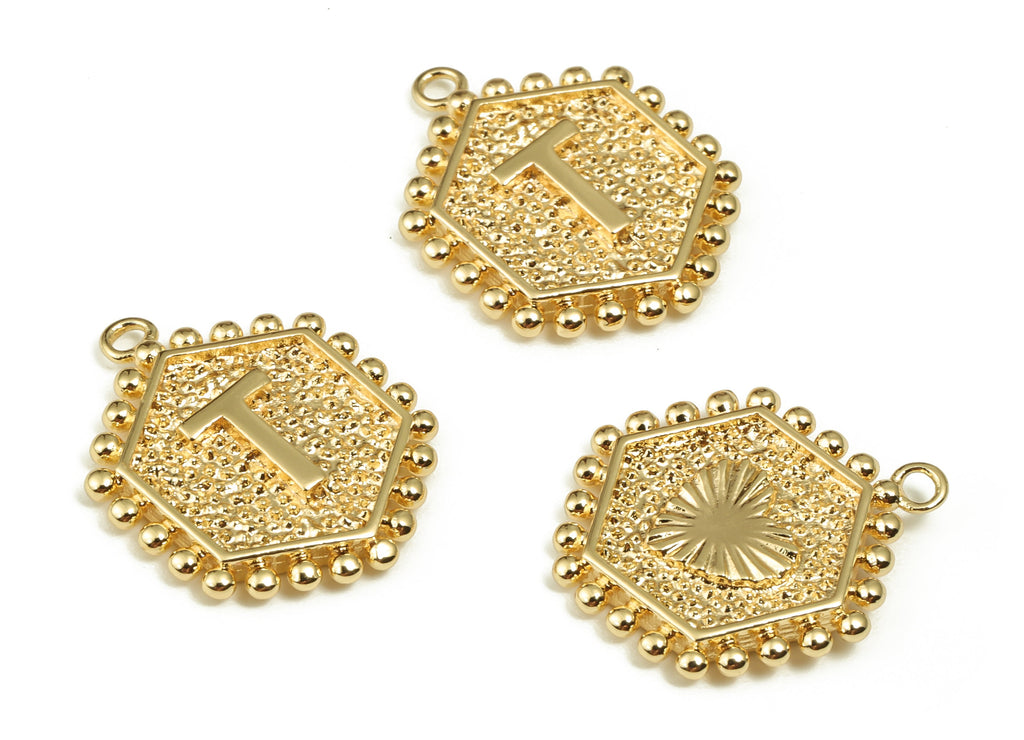 Brass Hexagon Letter T Charms - Alphabet Pendant Charm - 18K Shiny Gold Plated Initial Charm- Jewelry Supplies -19.49x16.1x2.4mm- RGP3775T - DOMEDBAZAAR