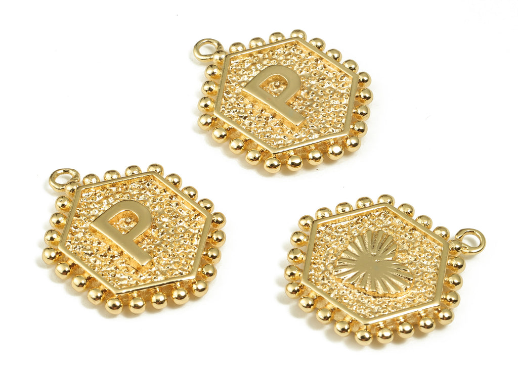 Brass Hexagon Letter P Charms - Alphabet Pendant Charm - 18K Shiny Gold Plated Initial Charm - Jewelry Supplies -19.41x15.8x2.7mm- RGP3775P - DOMEDBAZAAR
