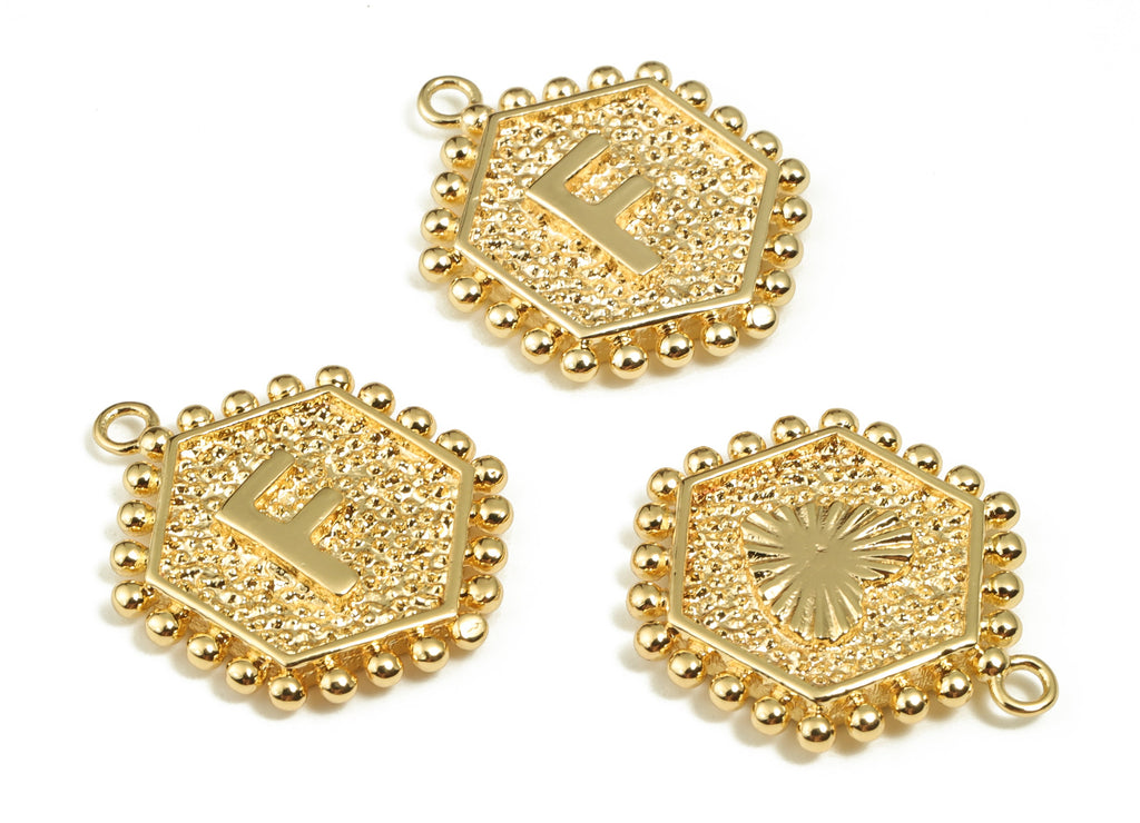 Brass Hexagon Letter F Charms - Alphabet Pendant Charm - 18K Shiny Gold Plated Initial Charm - Jewelry Supplies -19.53x15.8x2.5mm- RGP3775F - DOMEDBAZAAR
