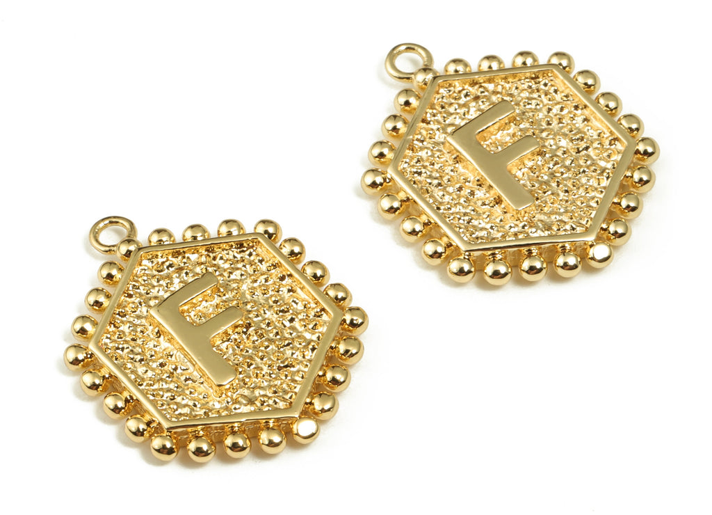 Brass Hexagon Letter F Charms - Alphabet Pendant Charm - 18K Shiny Gold Plated Initial Charm - Jewelry Supplies -19.53x15.8x2.5mm- RGP3775F - DOMEDBAZAAR