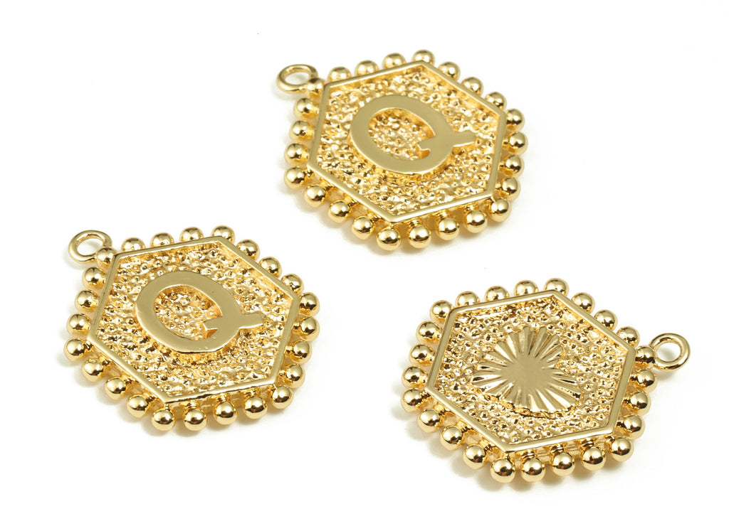 Brass Hexagon Letter Q Charms - Alphabet Pendant Charm - 18K Shiny Gold Plated Initial Charm - Jewelry Supplies -19.49x16.1x2.4mm- RGP3775Q - DOMEDBAZAAR