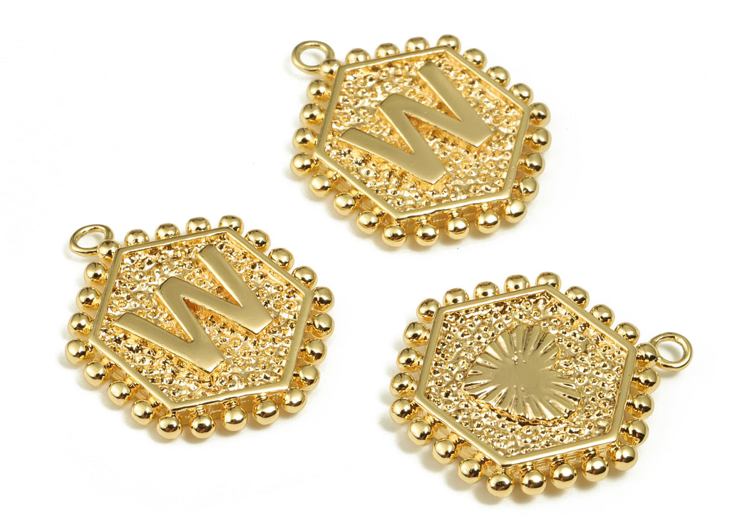 Brass Hexagon Letter W Charms - Alphabet Pendant Charm - 18K Shiny Gold Plated Initial Charm - Jewelry Supplies -19.49x16.1x2.4mm- RGP3775W - DOMEDBAZAAR