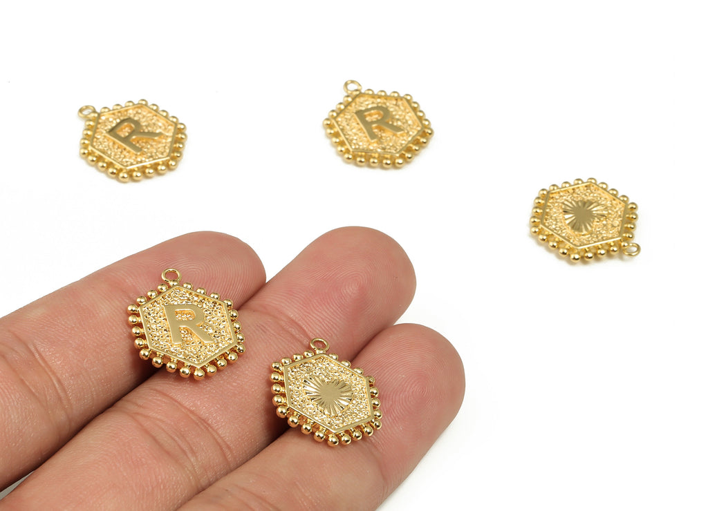 Brass Hexagon Letter R Charms - Alphabet Pendant Charm - 18K Shiny Gold Plated Initial Charm - Jewelry Supplies -19.49x16.1x2.4mm- RGP3775R - DOMEDBAZAAR