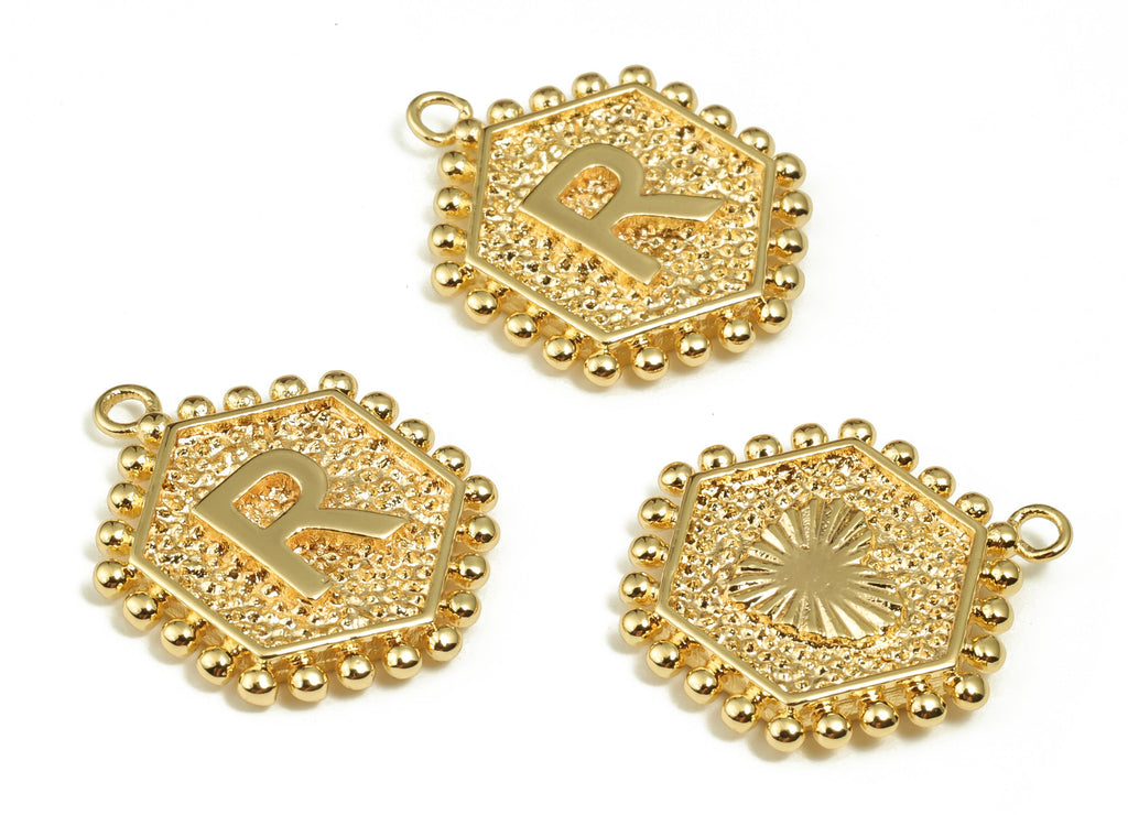 Brass Hexagon Letter R Charms - Alphabet Pendant Charm - 18K Shiny Gold Plated Initial Charm - Jewelry Supplies -19.49x16.1x2.4mm- RGP3775R - DOMEDBAZAAR