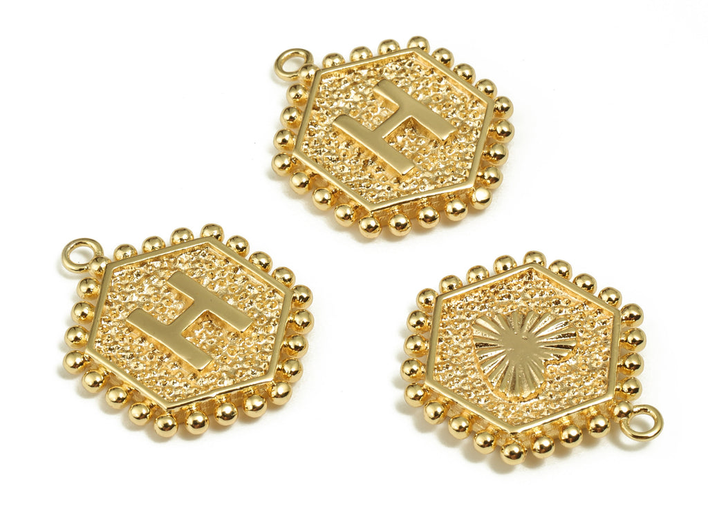 Brass Hexagon Letter H Charms - Alphabet Pendant Charm - 18K Shiny Gold Plated Initial Charm - Jewelry Supplies -19.05x15.9x2.4mm- RGP3775H - DOMEDBAZAAR