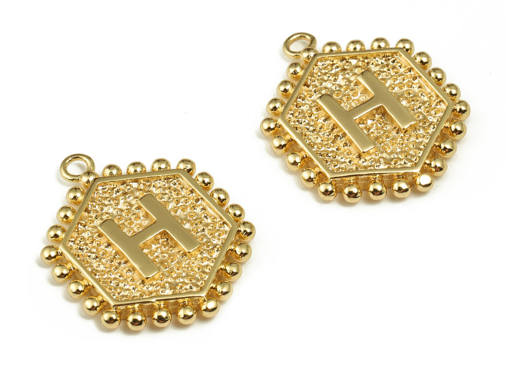 Brass Hexagon Letter H Charms - Alphabet Pendant Charm - 18K Shiny Gold Plated Initial Charm - Jewelry Supplies -19.05x15.9x2.4mm- RGP3775H - DOMEDBAZAAR