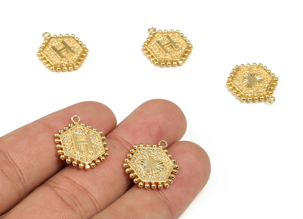 Brass Hexagon Letter H Charms - Alphabet Pendant Charm - 18K Shiny Gold Plated Initial Charm - Jewelry Supplies -19.05x15.9x2.4mm- RGP3775H - DOMEDBAZAAR