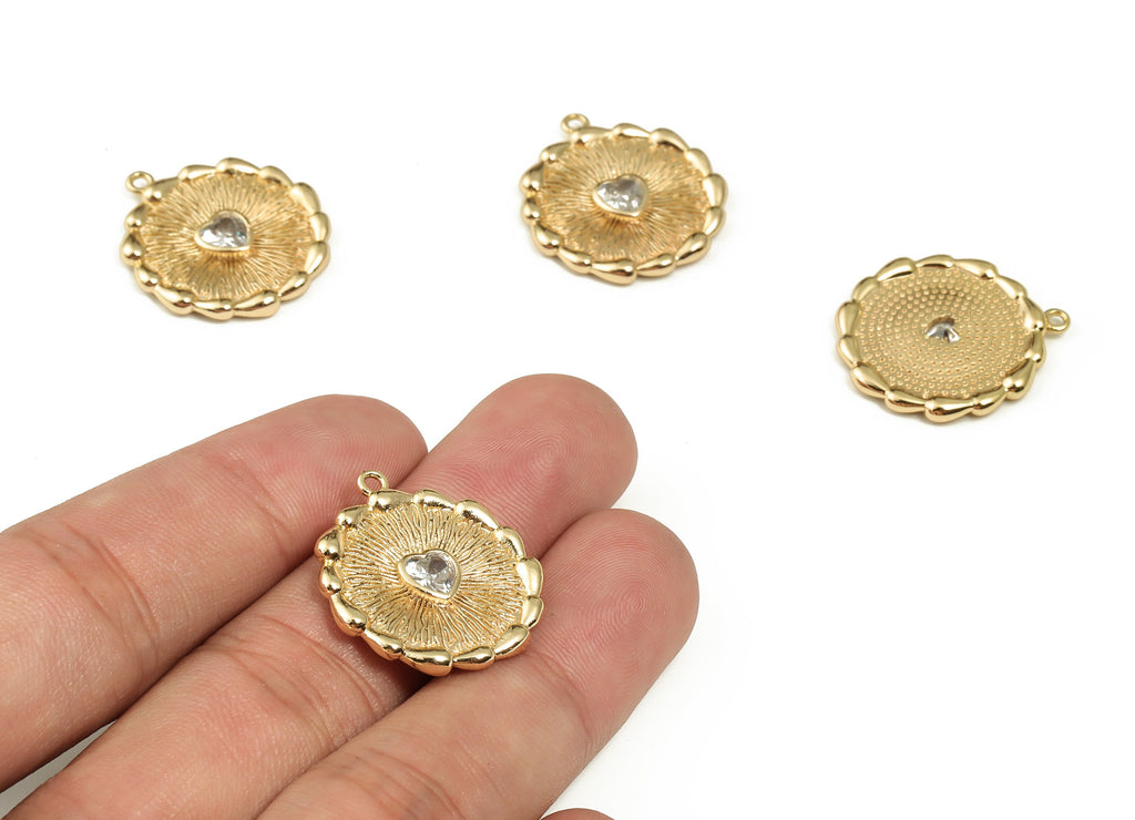 Brass Round Earring Charms With Zircons - Gold Heart Pendant - 18K Real Gold Plated Brass - Jewelry Supplies - 24.65x22.34x2.84mm - RGP3642 - DOMEDBAZAAR