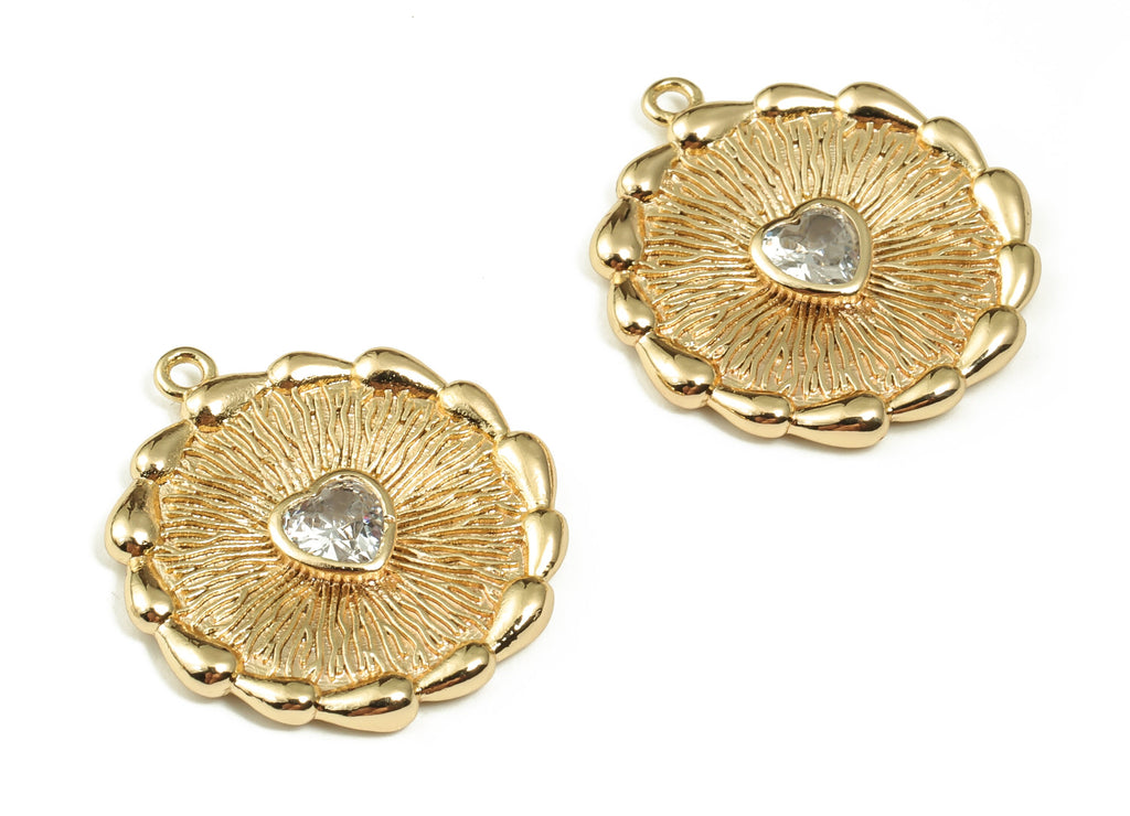 Brass Round Earring Charms With Zircons - Gold Heart Pendant - 18K Real Gold Plated Brass - Jewelry Supplies - 24.65x22.34x2.84mm - RGP3642 - DOMEDBAZAAR