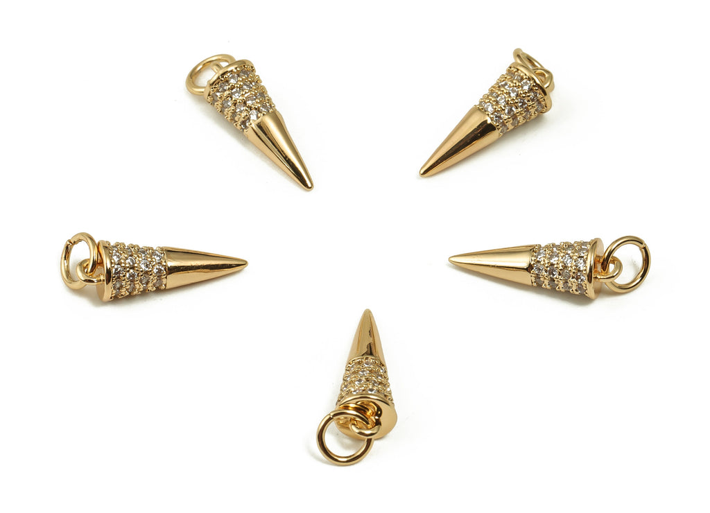 Brass Cone Earring Charms With Zircons - Gold Cone Pendant - 18K Real Gold Plated Brass - Jewelry Making Supplies - 18.4x5.2x5.2mm - RGP4007 - DOMEDBAZAAR