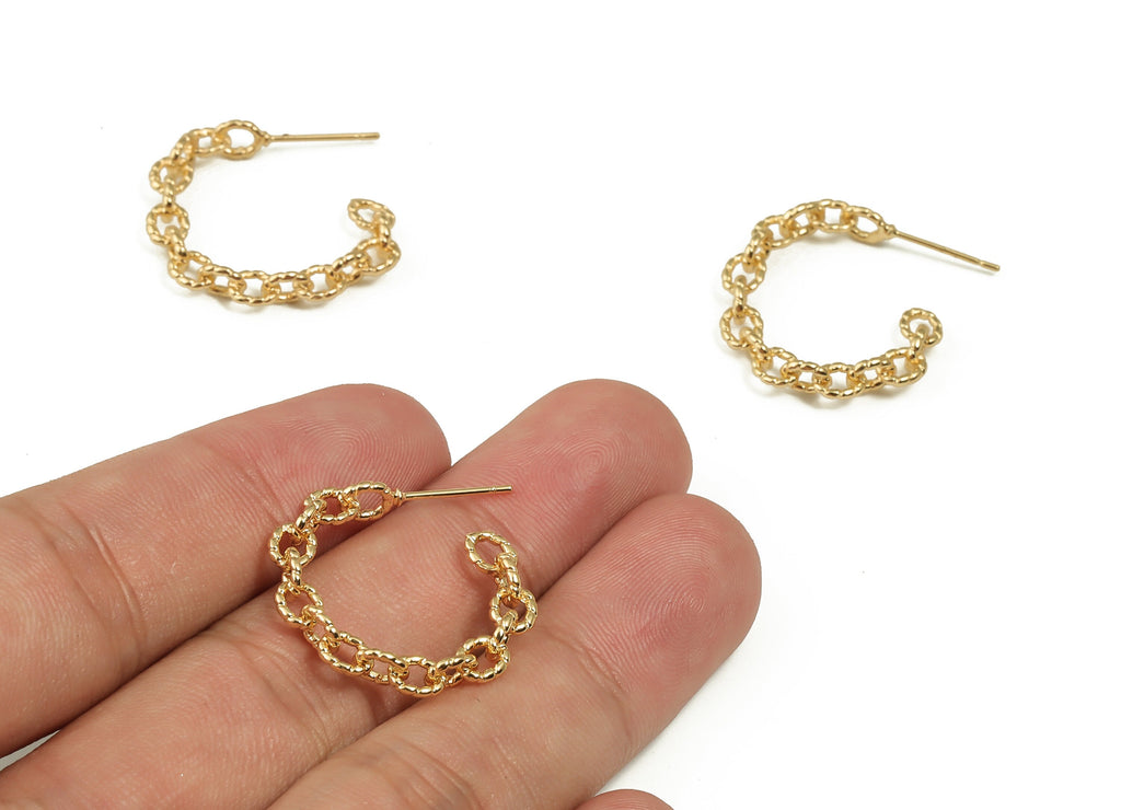 Brass Cable Chain C Earring Stud - Gold C Earring Post  - Stainless Steel Stud - 18K Real Gold Plated Brass - 23.09x22.53x4.38mm - RGP3992 - DOMEDBAZAAR
